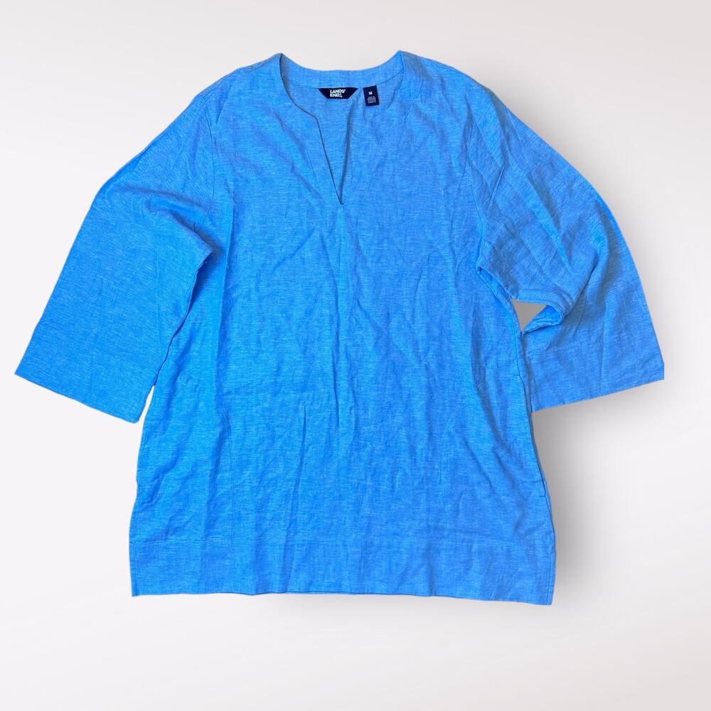 Lands End Bright Blue V-Neck‎ Linen Tunic Top Size M